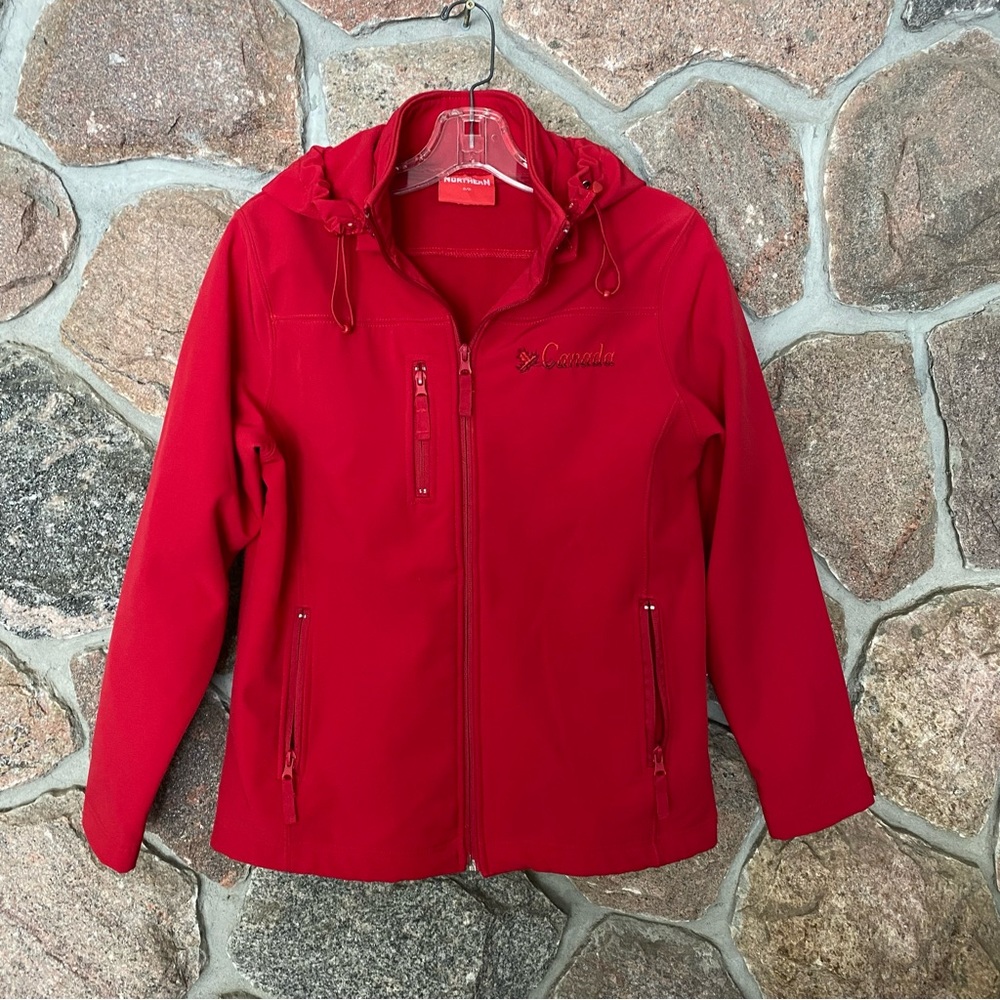 Red fleece lined rain jacket
